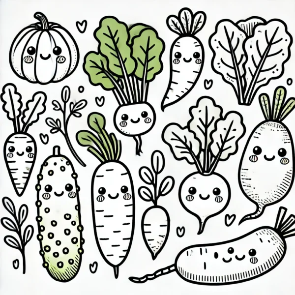 DALL·E    .. A coloring book style illustration of different vegetables in a cute cartoonish design. The vegetables including a cucumber leafy greens a daikon  x